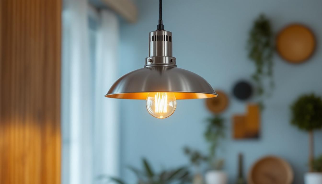 A photograph of a stylish stainless steel pendant light hanging in a modern interior setting