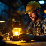 A photograph of a lighting contractor working with a modern led lantern in a dimly lit environment