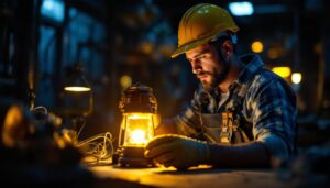 A photograph of a lighting contractor working with a modern led lantern in a dimly lit environment