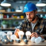 A photograph of a lighting contractor examining a selection of recessed light bulbs in a well-lit workspace