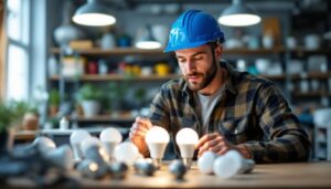 A photograph of a lighting contractor examining a selection of recessed light bulbs in a well-lit workspace