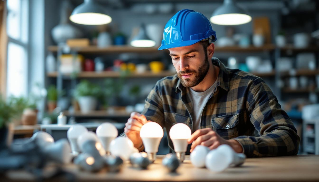A photograph of a lighting contractor examining a selection of recessed light bulbs in a well-lit workspace