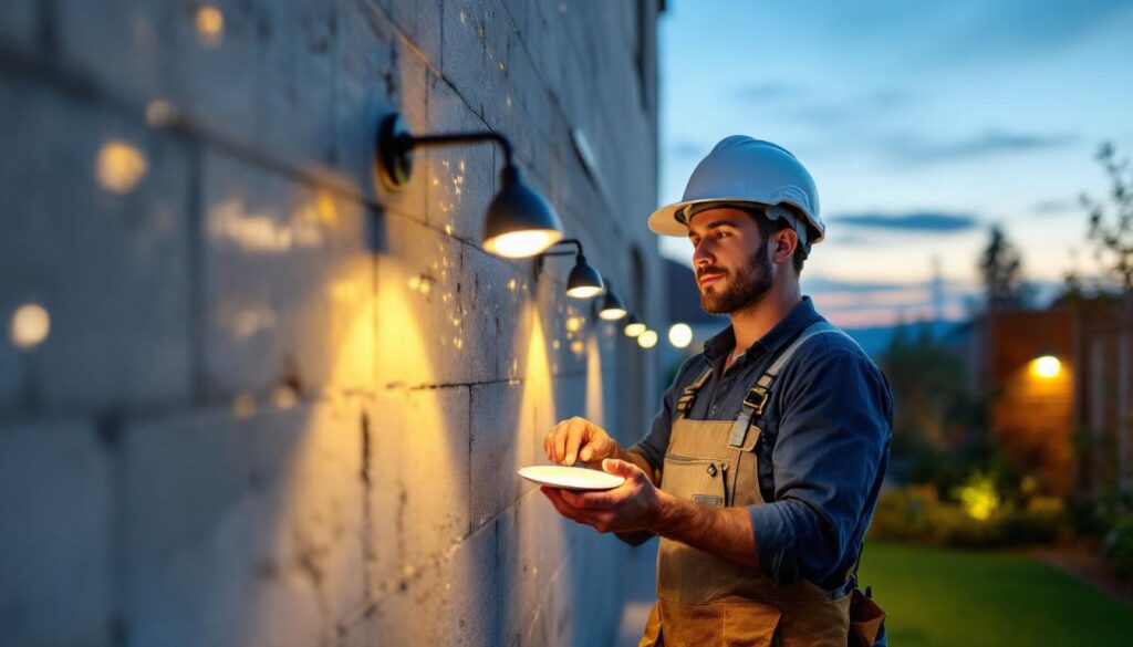 A photograph of a skilled lighting contractor installing disk lighting in a modern outdoor setting