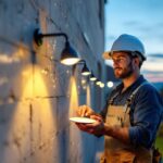 A photograph of a skilled lighting contractor installing disk lighting in a modern outdoor setting