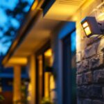 A photograph of a lighting contractor installing an outdoor motion detector light in a residential setting