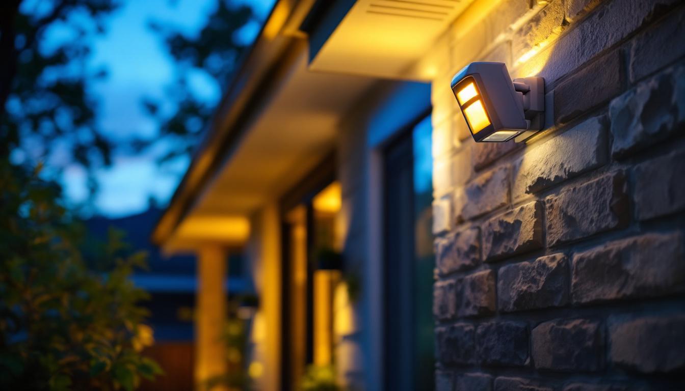 A photograph of a lighting contractor installing an outdoor motion detector light in a residential setting