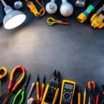 A photograph of a well-organized workspace featuring essential electrical tools and lighting equipment