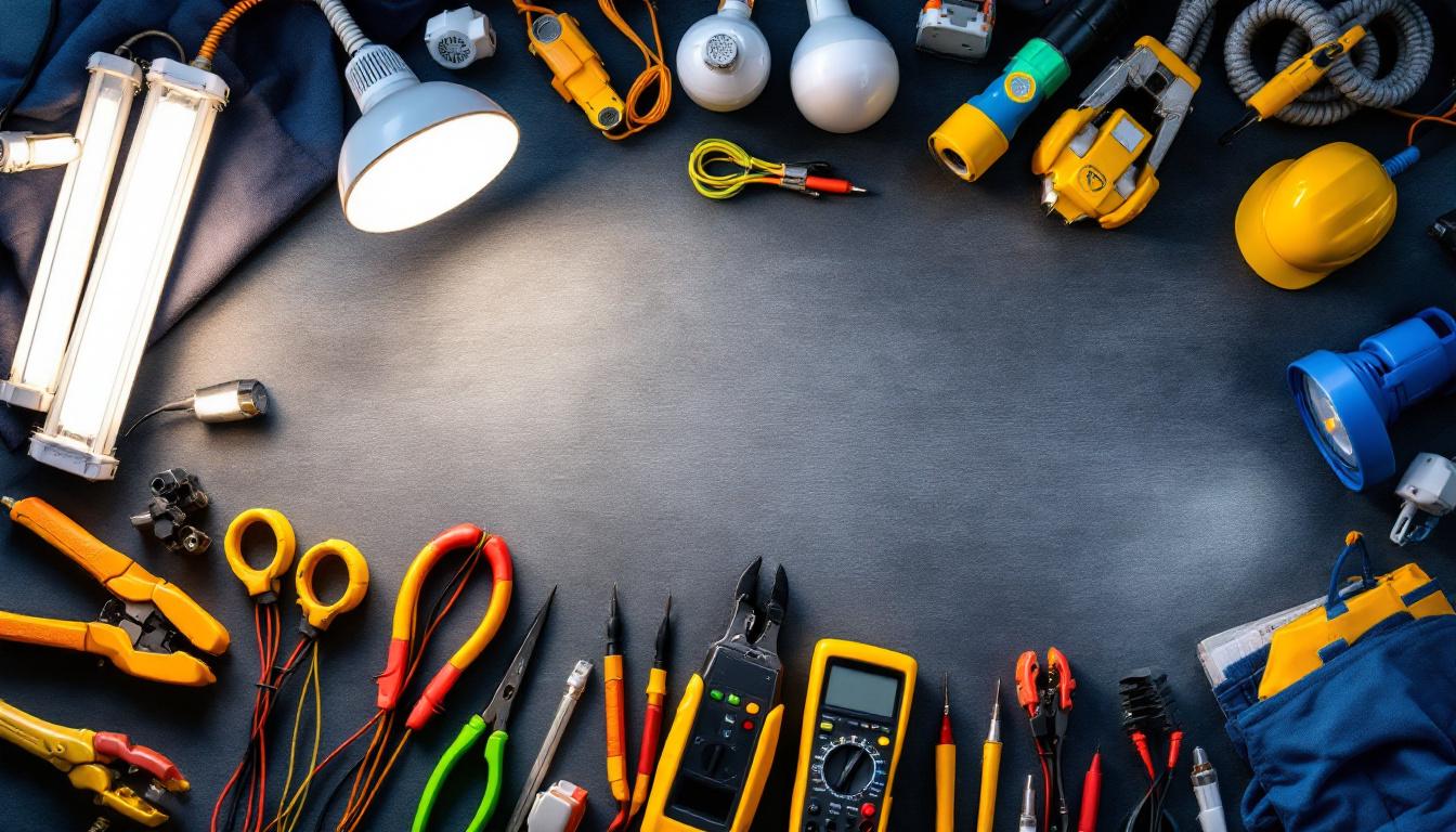 A photograph of a well-organized workspace featuring essential electrical tools and lighting equipment