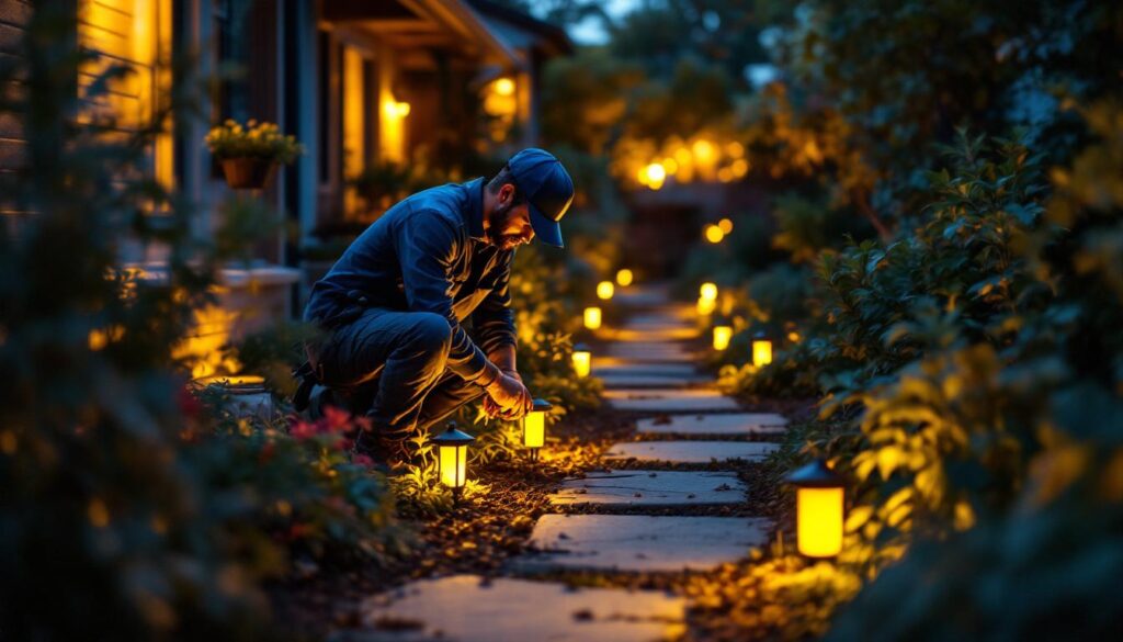 A photograph of a lighting contractor installing solar lights in a residential garden at dusk