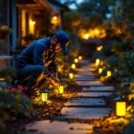 A photograph of a lighting contractor installing solar lights in a residential garden at dusk