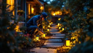 A photograph of a lighting contractor installing solar lights in a residential garden at dusk