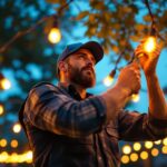 A photograph of a skilled lighting contractor installing or adjusting vibrant string canopy lights in an outdoor setting