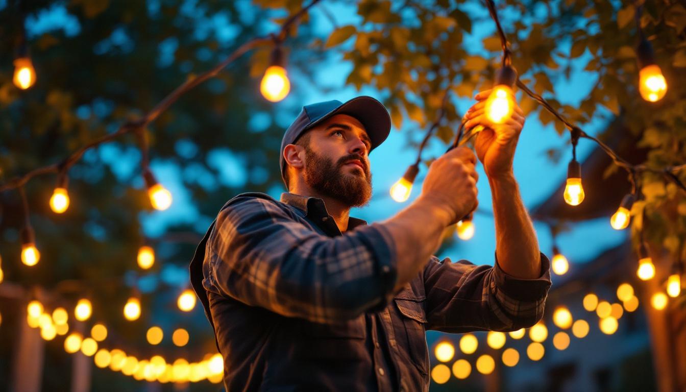 A photograph of a skilled lighting contractor installing or adjusting vibrant string canopy lights in an outdoor setting