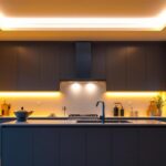A photograph of a modern kitchen illuminated by stylish led ceiling lights