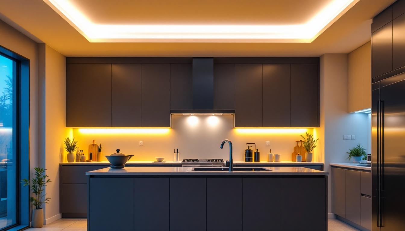 A photograph of a modern kitchen illuminated by stylish led ceiling lights