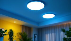 A photograph of a well-lit room featuring various styles of recessed led can lights installed in the ceiling