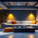 A photograph of a well-lit basement space showcasing innovative lighting solutions