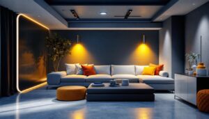 A photograph of a well-lit basement space showcasing innovative lighting solutions