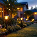 A photograph of a beautifully landscaped outdoor space illuminated by solar-powered lights at dusk