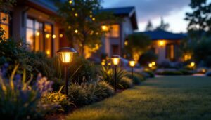 A photograph of a beautifully landscaped outdoor space illuminated by solar-powered lights at dusk