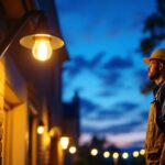 A photograph of a lighting contractor skillfully installing stylish outdoor lights in a residential setting during dusk