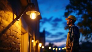 A photograph of a lighting contractor skillfully installing stylish outdoor lights in a residential setting during dusk