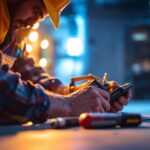 A photograph of a lighting contractor actively working on a project