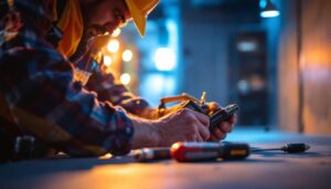 A photograph of a lighting contractor actively working on a project