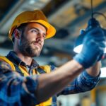 A photograph of a lighting contractor expertly installing or adjusting a high-quality lighting fixture in a well-lit environment
