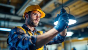 A photograph of a lighting contractor expertly installing or adjusting a high-quality lighting fixture in a well-lit environment