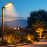 A photograph of a modern outdoor light stand in use during twilight