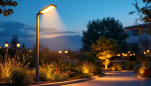 A photograph of a modern outdoor light stand in use during twilight