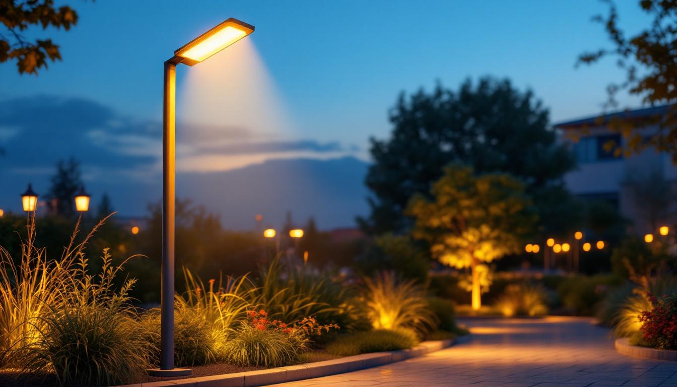 A photograph of a modern outdoor light stand in use during twilight