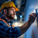 A photograph of capture a photograph of a lighting contractor installing a line voltage occupancy sensor in a commercial space