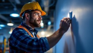 A photograph of capture a photograph of a lighting contractor installing a line voltage occupancy sensor in a commercial space