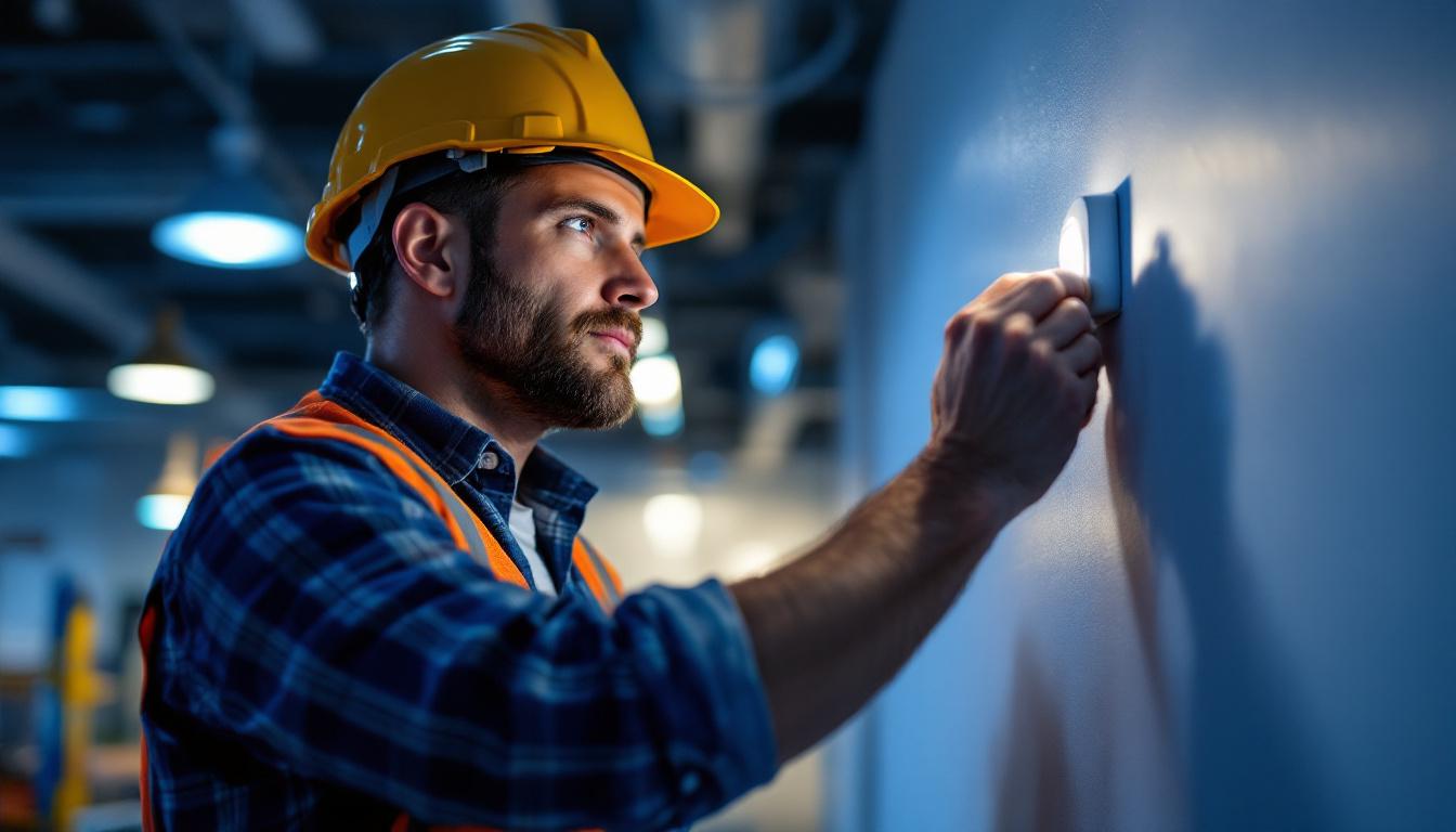 A photograph of capture a photograph of a lighting contractor installing a line voltage occupancy sensor in a commercial space