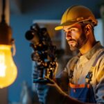 A photograph of a lighting contractor engaged in a hands-on installation of energy-efficient light bulbs in a residential setting