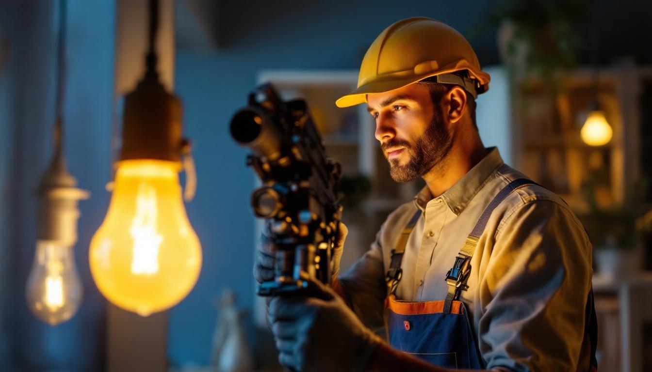 A photograph of a lighting contractor engaged in a hands-on installation of energy-efficient light bulbs in a residential setting