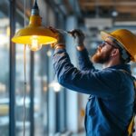 A photograph of a skilled lighting contractor in action