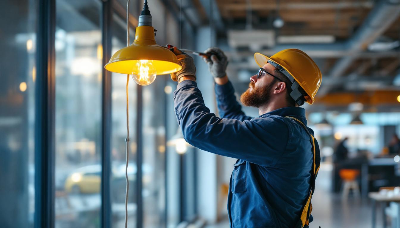 A photograph of a skilled lighting contractor in action