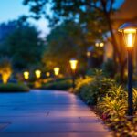 A photograph of a vibrant outdoor scene illuminated by solar lights at dusk