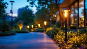 A photograph of a vibrant outdoor scene illuminated by solar lights at dusk