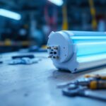 A photograph of a close-up of a fluorescent ballast alongside various lighting fixtures and tools in a well-lit workspace