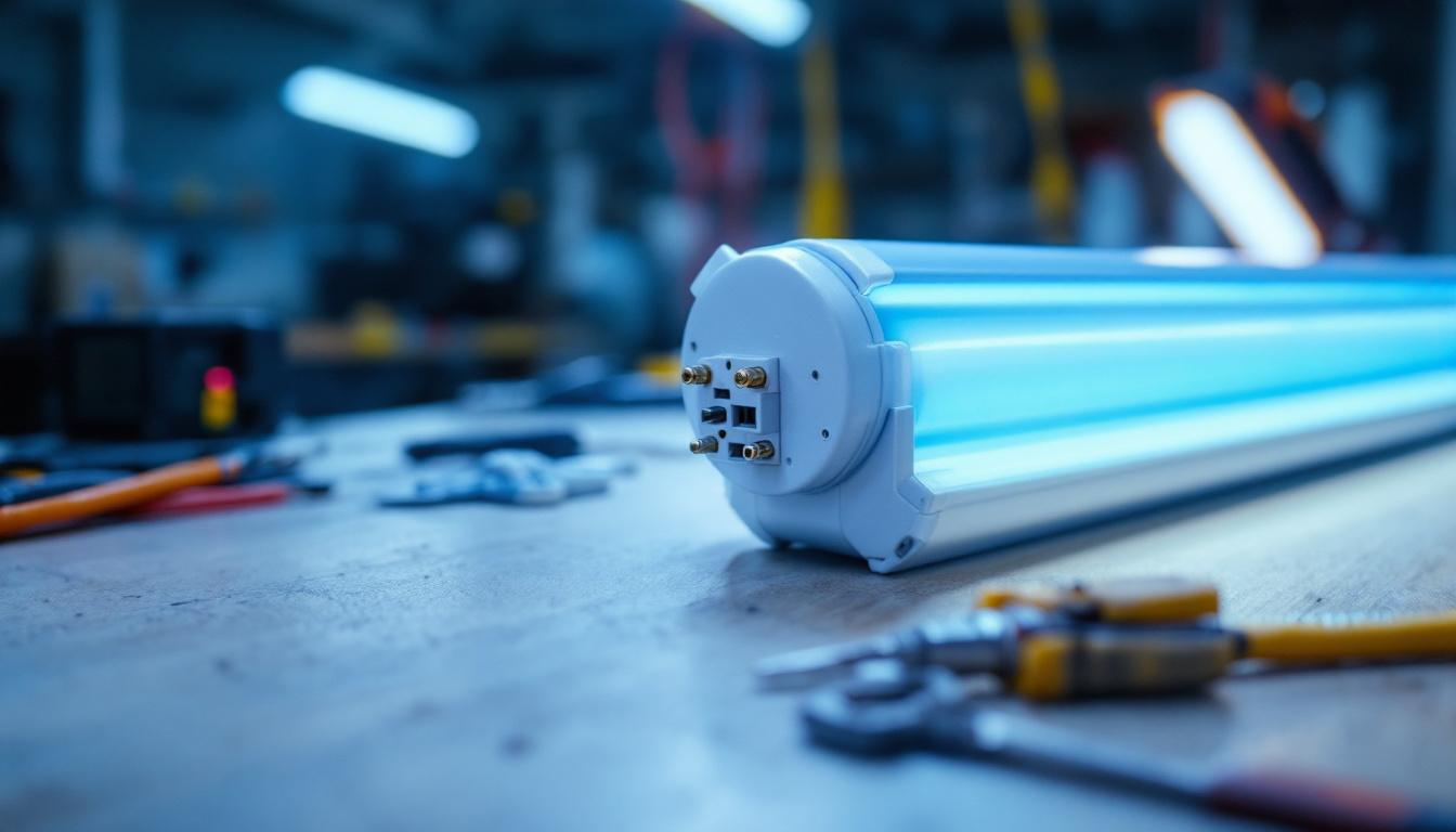 A photograph of a close-up of a fluorescent ballast alongside various lighting fixtures and tools in a well-lit workspace
