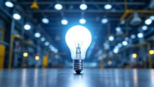 A photograph of a 400-watt metal halide bulb in a well-lit industrial or commercial setting
