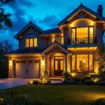 A photograph of a lighting contractor installing or showcasing innovative outdoor lighting solutions in a beautifully illuminated residential or commercial setting