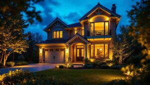 A photograph of a lighting contractor installing or showcasing innovative outdoor lighting solutions in a beautifully illuminated residential or commercial setting