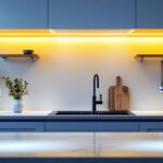 A photograph of a beautifully designed kitchen featuring sleek under cabinet led lights in action