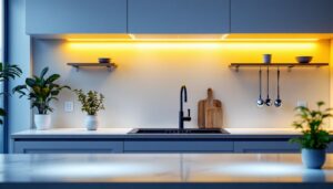 A photograph of a beautifully designed kitchen featuring sleek under cabinet led lights in action