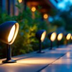 A photograph of a beautifully illuminated outdoor space featuring solar-powered led spotlights